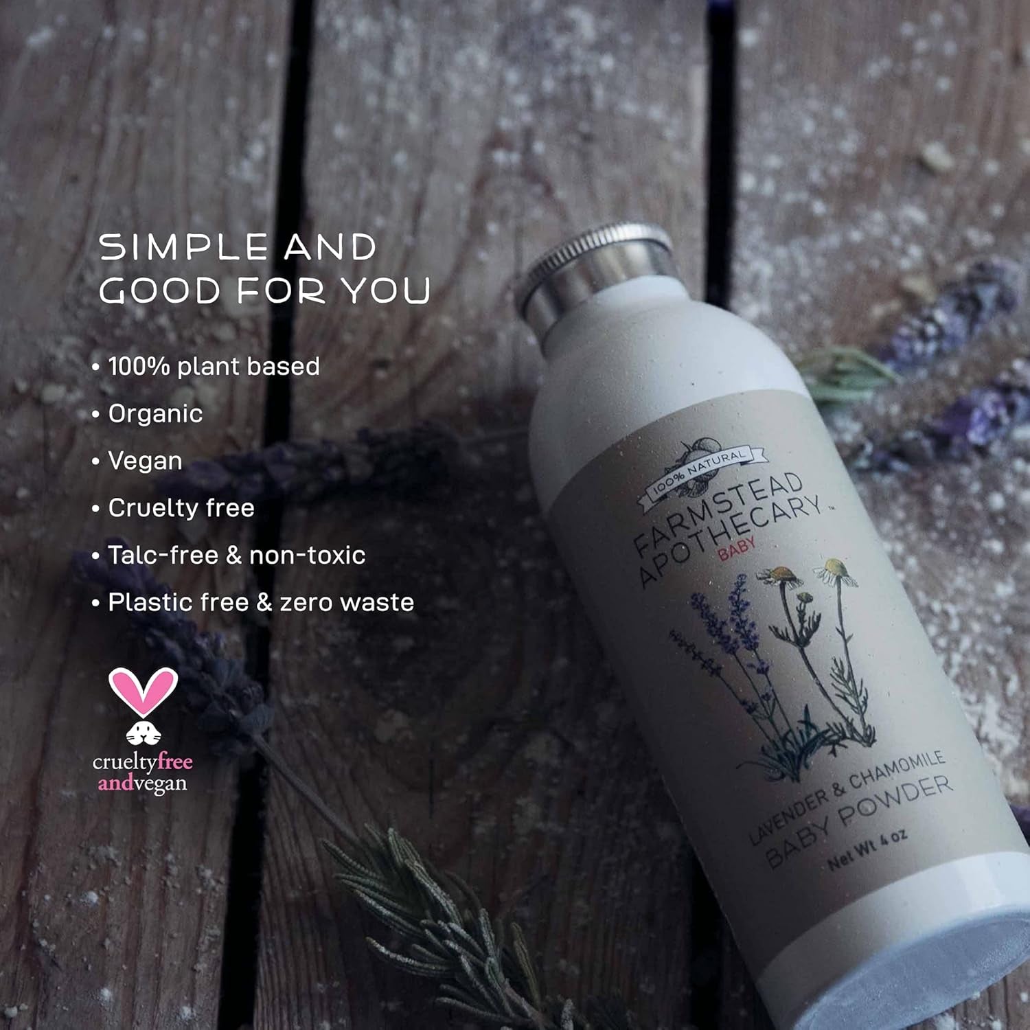 Farmstead Apothecary Natural Baby Powder - Talc-Free Formula Enriched with Chamomile, Calendula, and Lavender - 4 Oz