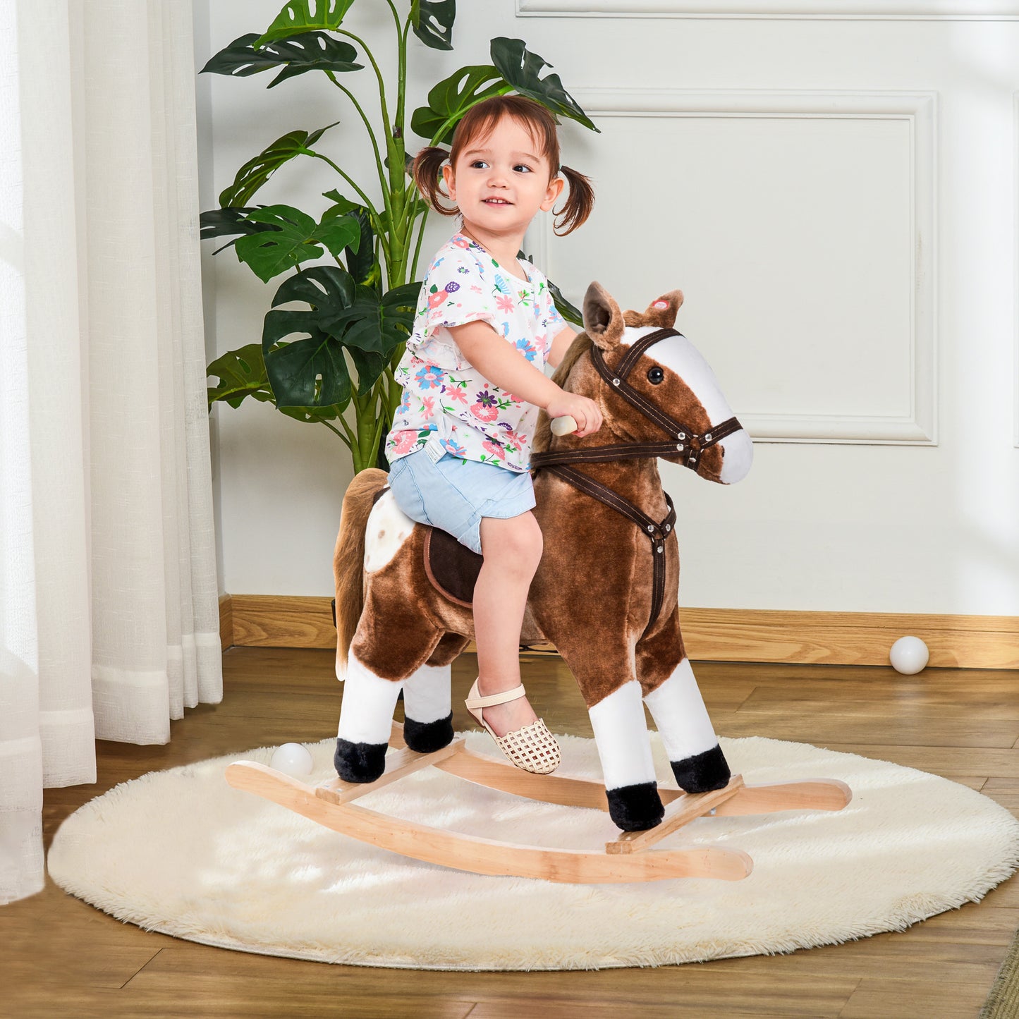 Plush Rocking Horse For Kids, Brown, Realistic Sounds, Ride-On Toy For Children 3