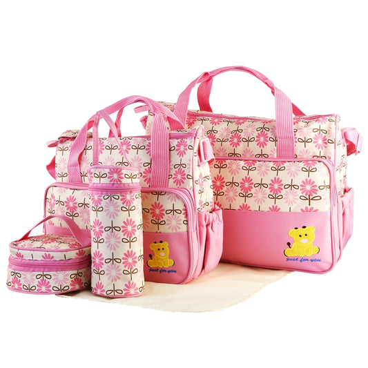 Stylish Diaper Bag Tote for Boys & Girls - 5-Piece Multifunctional Mommy Bag with Shoulder Strap - Large Size