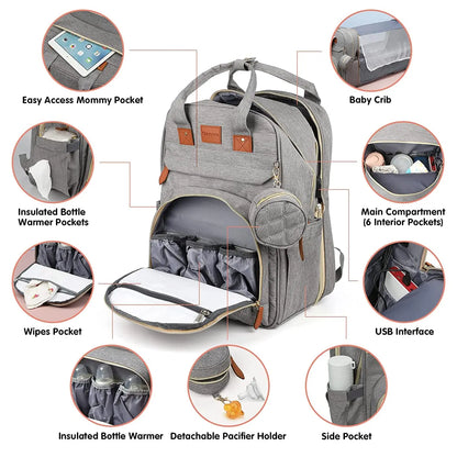 Ultimate 3-in-1 Diaper Bag Backpack: Foldable Baby Bed, Waterproof Travel Companion with USB Charging