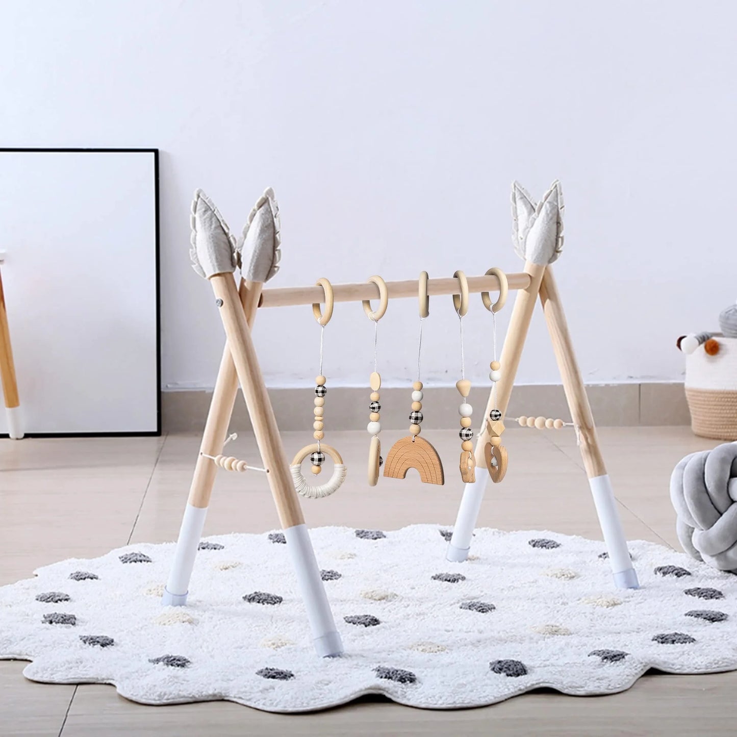 natural Wooden Baby Gym - 5 Sensory Handing Toys for Newborns & Infants