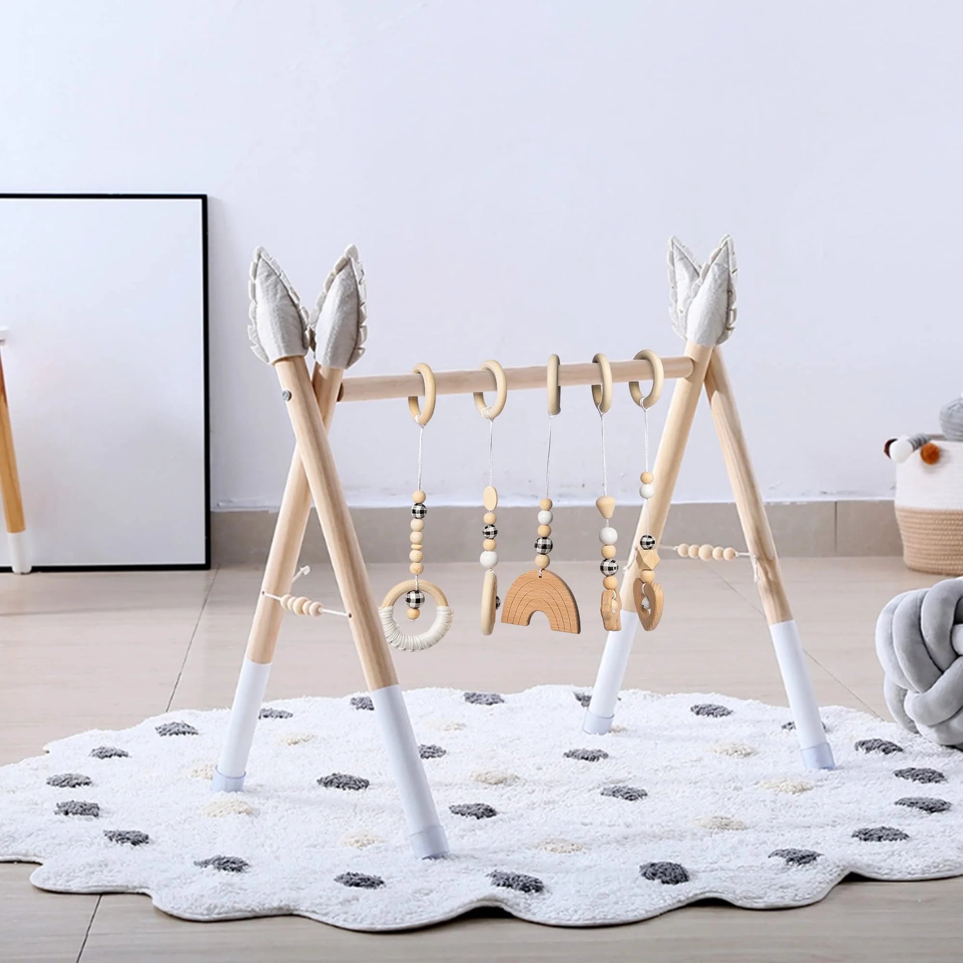 natural Wooden Baby Gym - 5 Sensory Handing Toys for Newborns & Infants