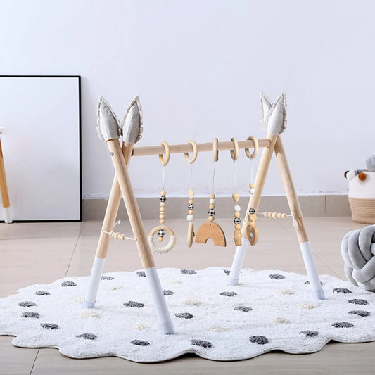 natural Wooden Baby Gym - 5 Sensory Handing Toys for Newborns & Infants