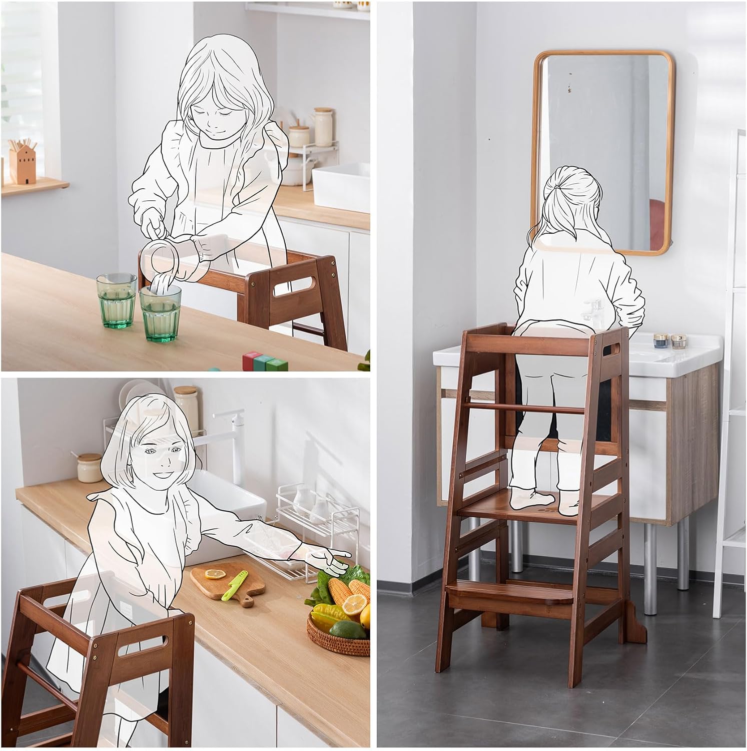 UNICOO Adjustable Bamboo Kids Kitchen Step Stool - The Perfect Learning Tower for Your Growing Toddler in Antique Brown
