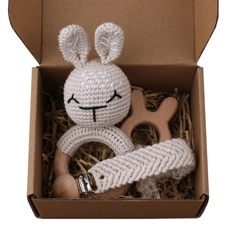 Handmade Crochet Bunny Teether Set- 3PCS Soft & Safe/Natural Beech Wood Baby Rattles