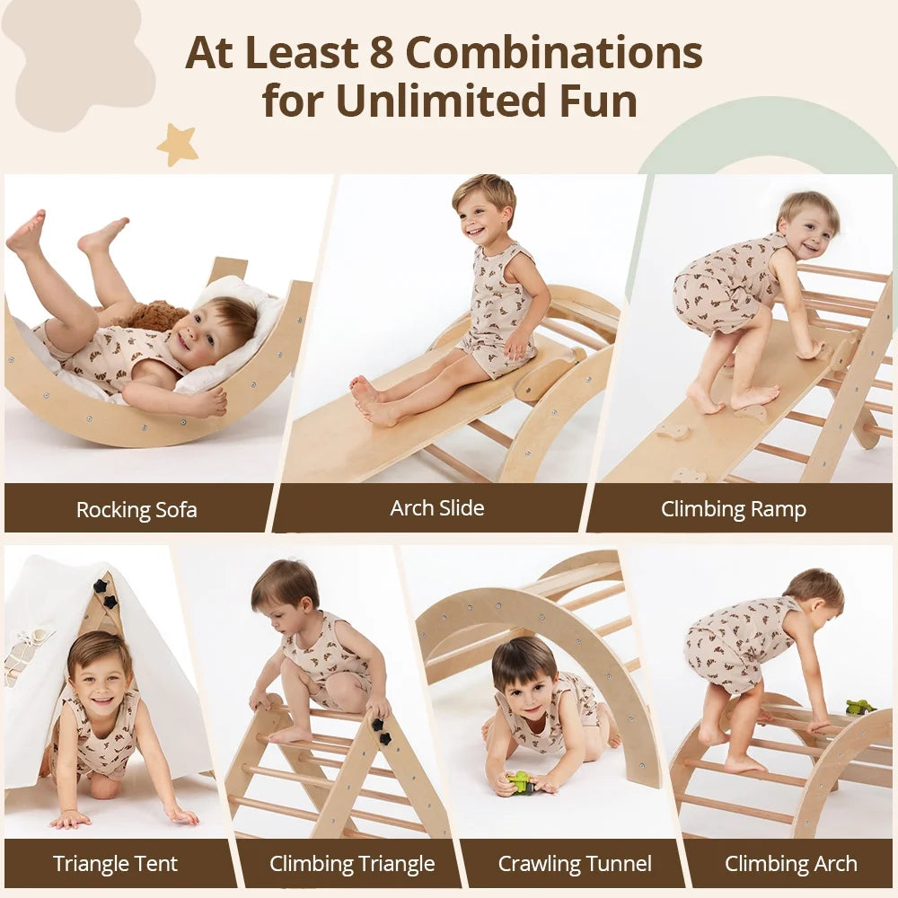 8-in-1 Montessori Climbing Set- Wooden Jungle Gym with Arch, Ramp, Ladder, Tent & Cushion 