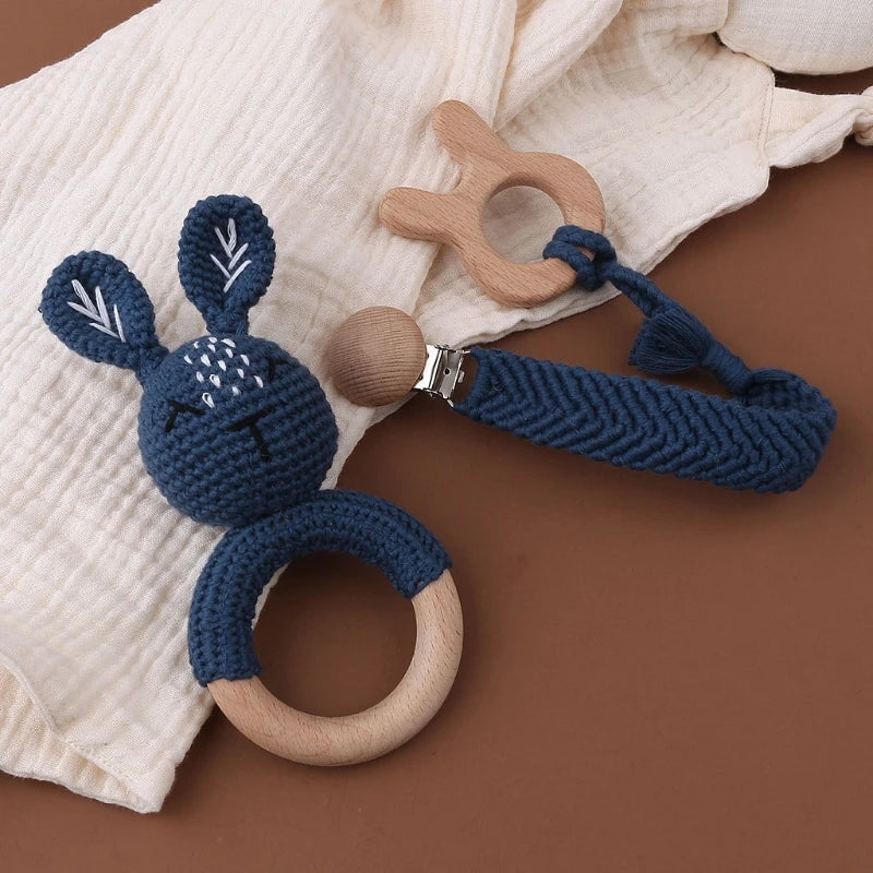 Handmade Crochet Bunny Teether Set- 3PCS Soft & Safe/Natural Beech Wood Baby Rattles