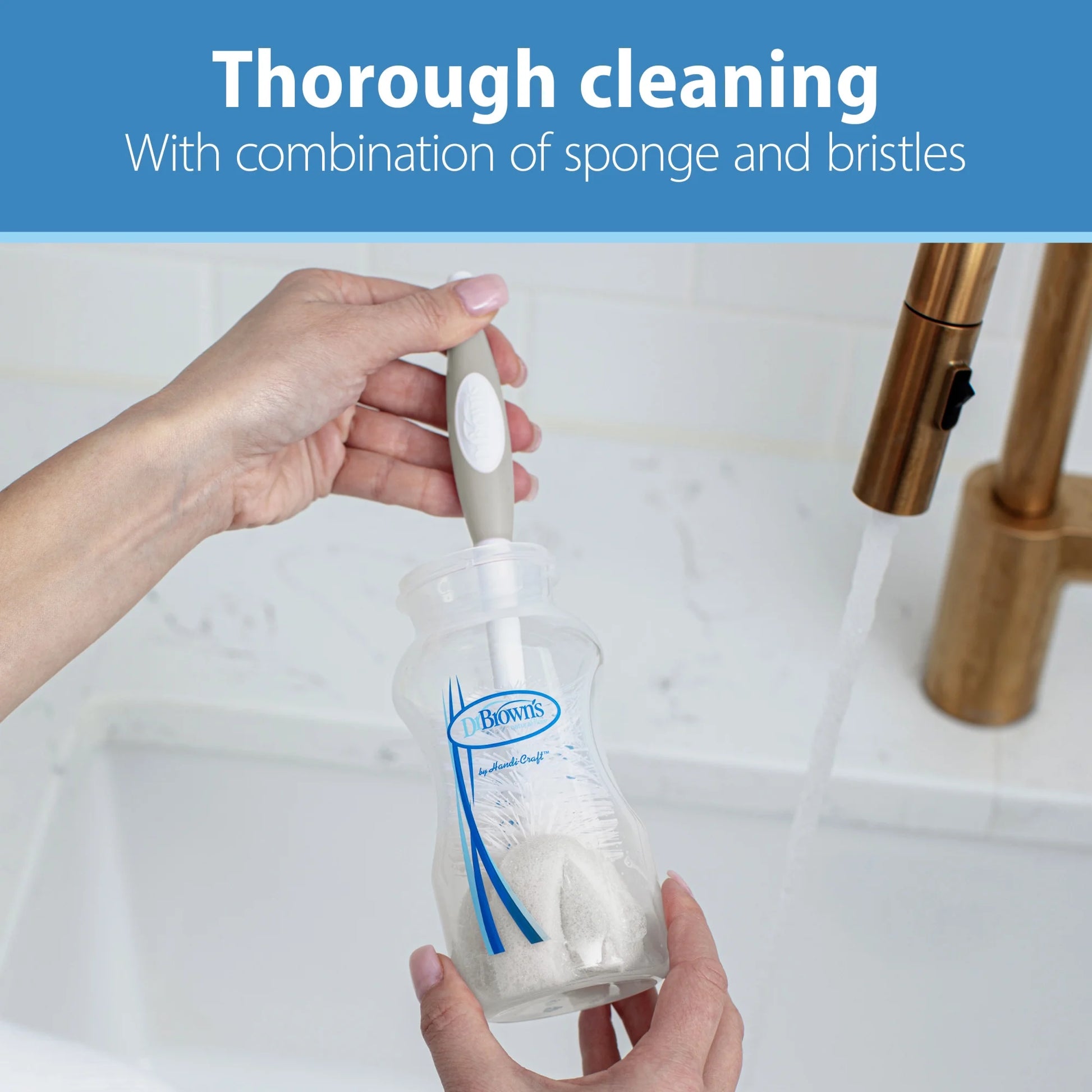 Dr. Brown's 4-in-1 Baby Bottle Cleaning Brush-Suction Stand, Sponge Brush & Nipple Cleaner (Gray)