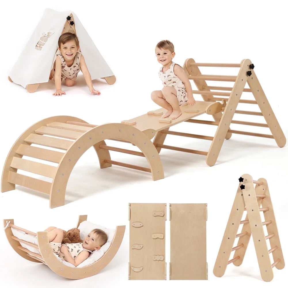 8-in-1 Montessori Climbing Set- Wooden Jungle Gym with Arch, Ramp, Ladder, Tent & Cushion 