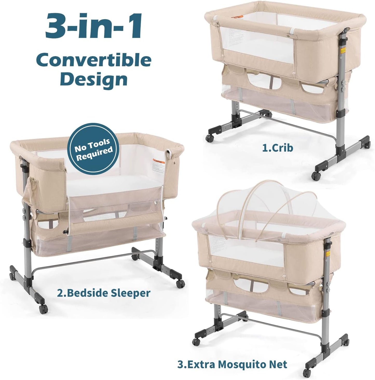 Discover the Ultimate 3-in-1 Bedside Crib for Newborns - Portable, Adjustable, and Stylish in Deep Khaki with Mosquito Net