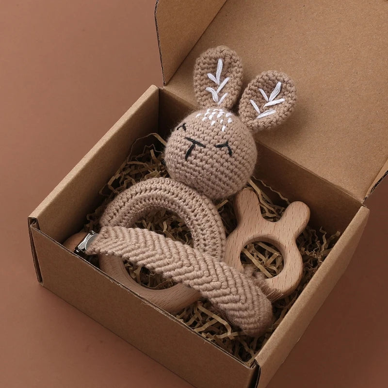 Handmade Crochet Bunny Teether Set- 3PCS Soft & Safe/Natural Beech Wood Baby Rattles