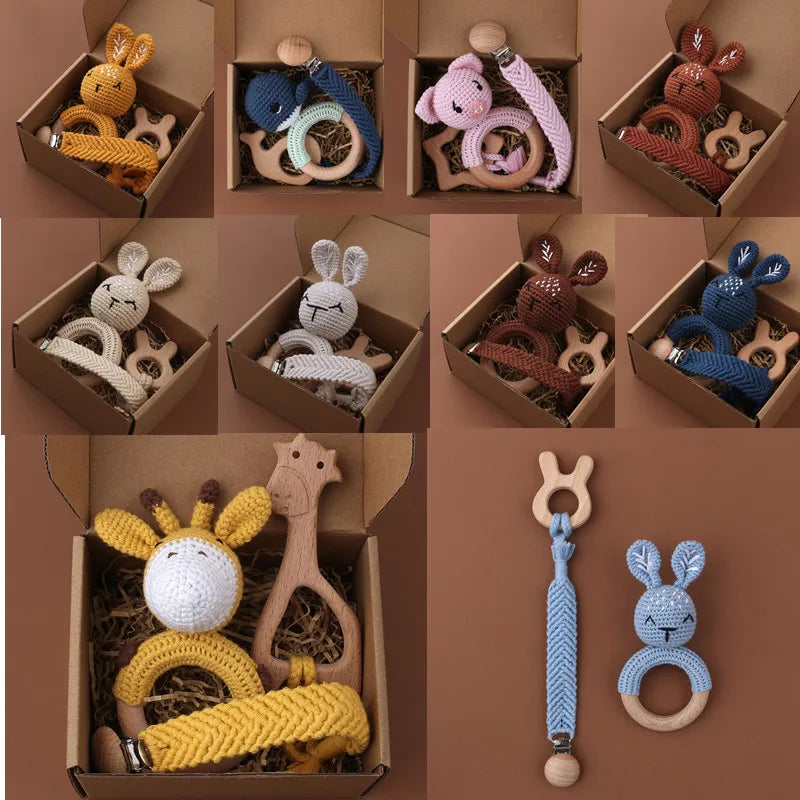Handmade Crochet Bunny Teether Set- 3PCS Soft & Safe/Natural Beech Wood Baby Rattles