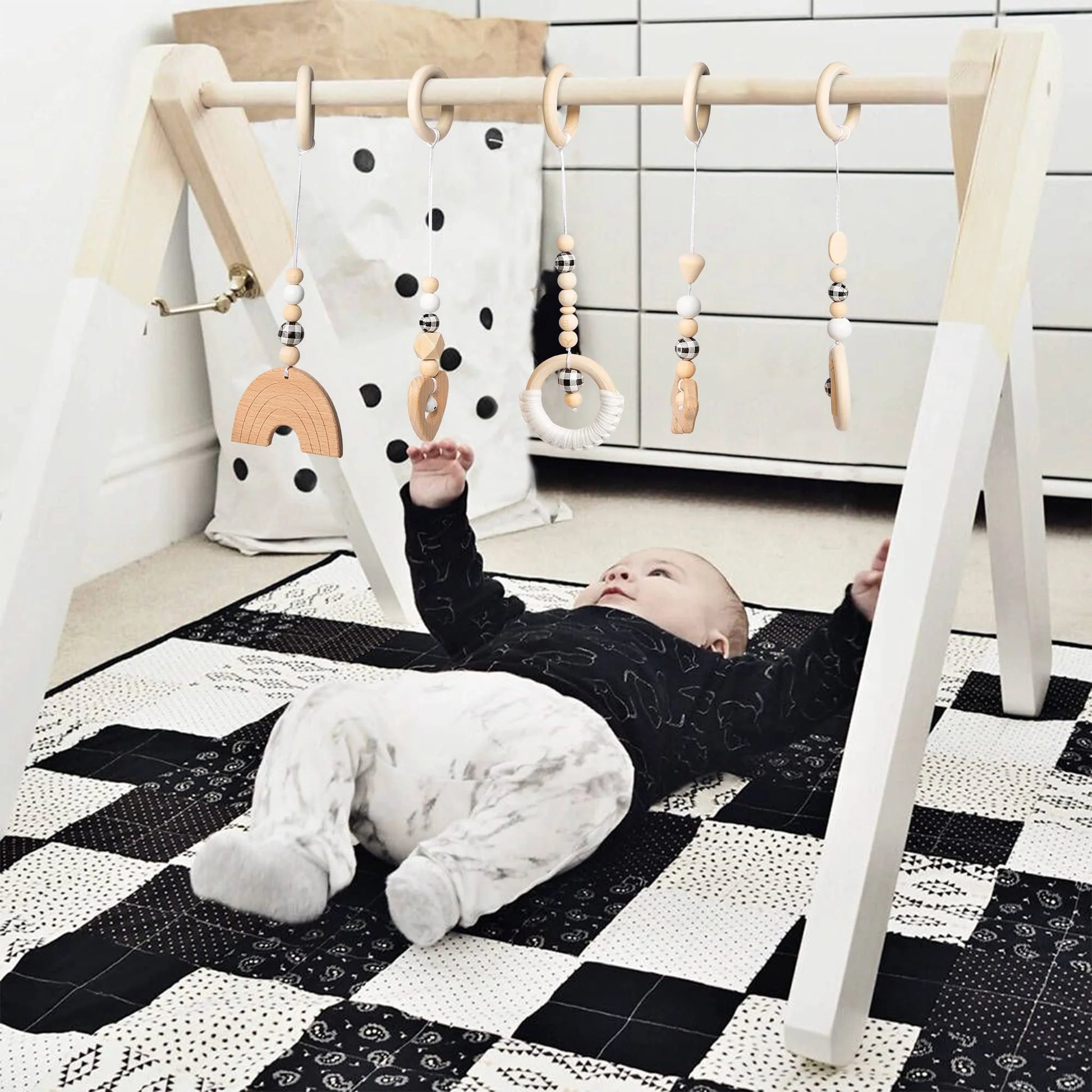 natural Wooden Baby Gym - 5 Sensory Handing Toys for Newborns & Infants