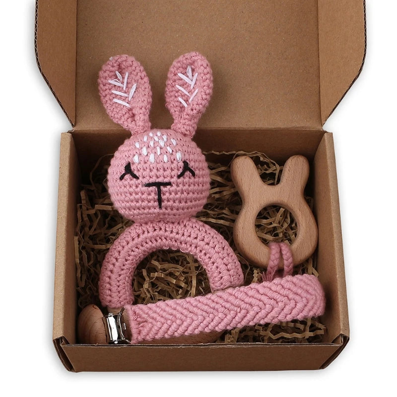 Handmade Crochet Bunny Teether Set- 3PCS Soft & Safe/Natural Beech Wood Baby Rattles
