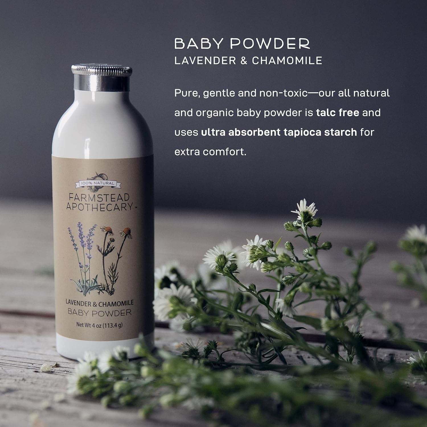 Farmstead Apothecary Natural Baby Powder - Talc-Free Formula Enriched with Chamomile, Calendula, and Lavender - 4 Oz
