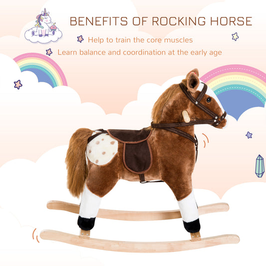 Plush Rocking Horse For Kids, Brown, Realistic Sounds, Ride-On Toy For Children 3