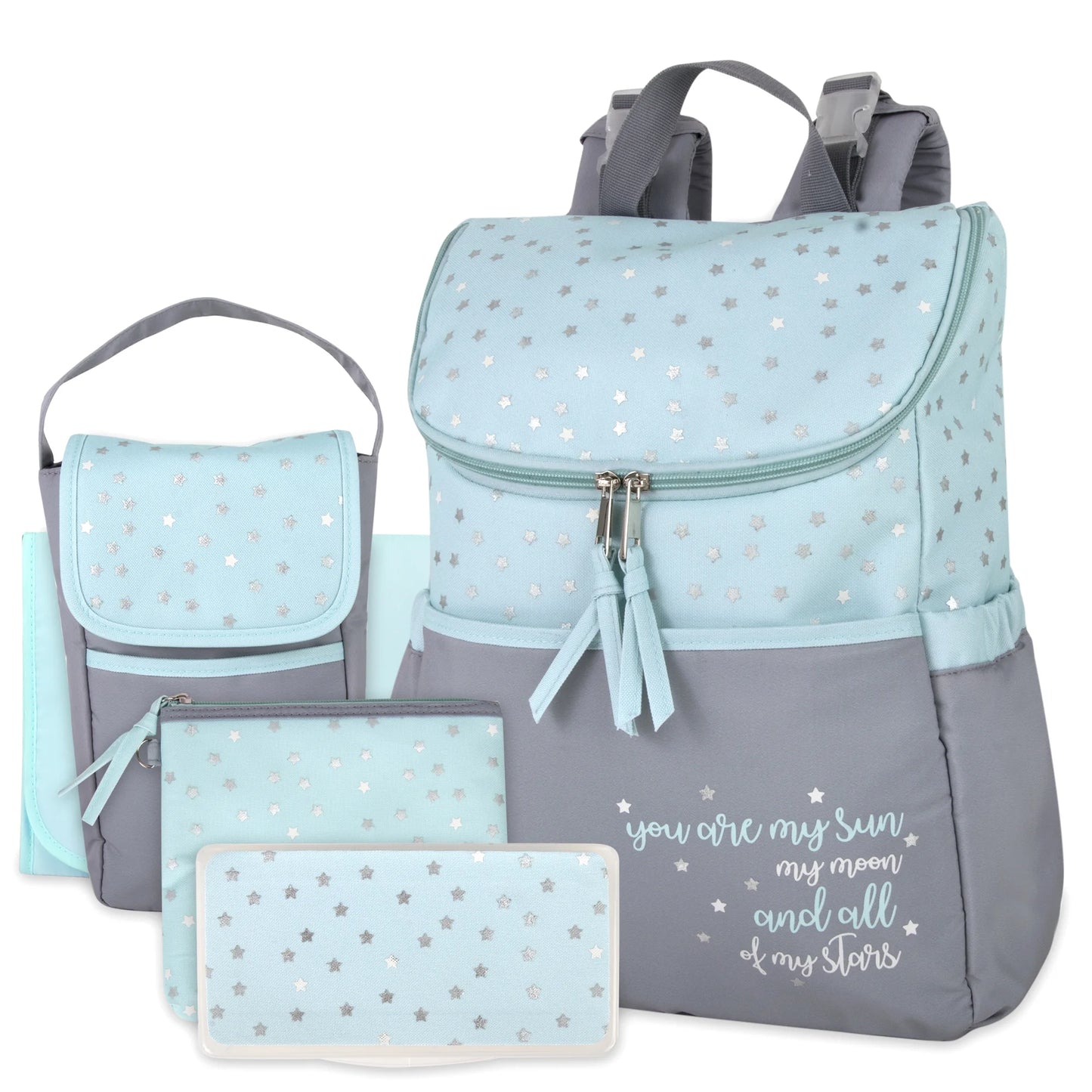 Stylish 5-Piece Baby Diaper Bag Backpack Set with Changing Pad, Wipes Case, Insulated Bottle Bag & Organizer Pouch