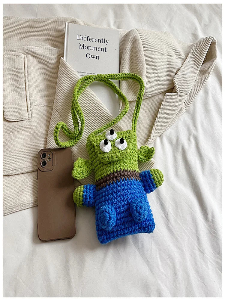 Adorable Big Eyed Monster Yarn Crochet Shoulder Bag - Creative Cartoon Crossbody for Girls
