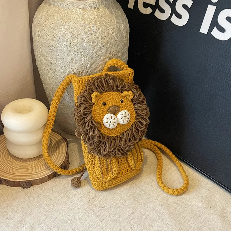 Unique Crochet Shoulder Bag Lion Knitted Handbag Versatile Panda Crossbody Bag for Toddler's