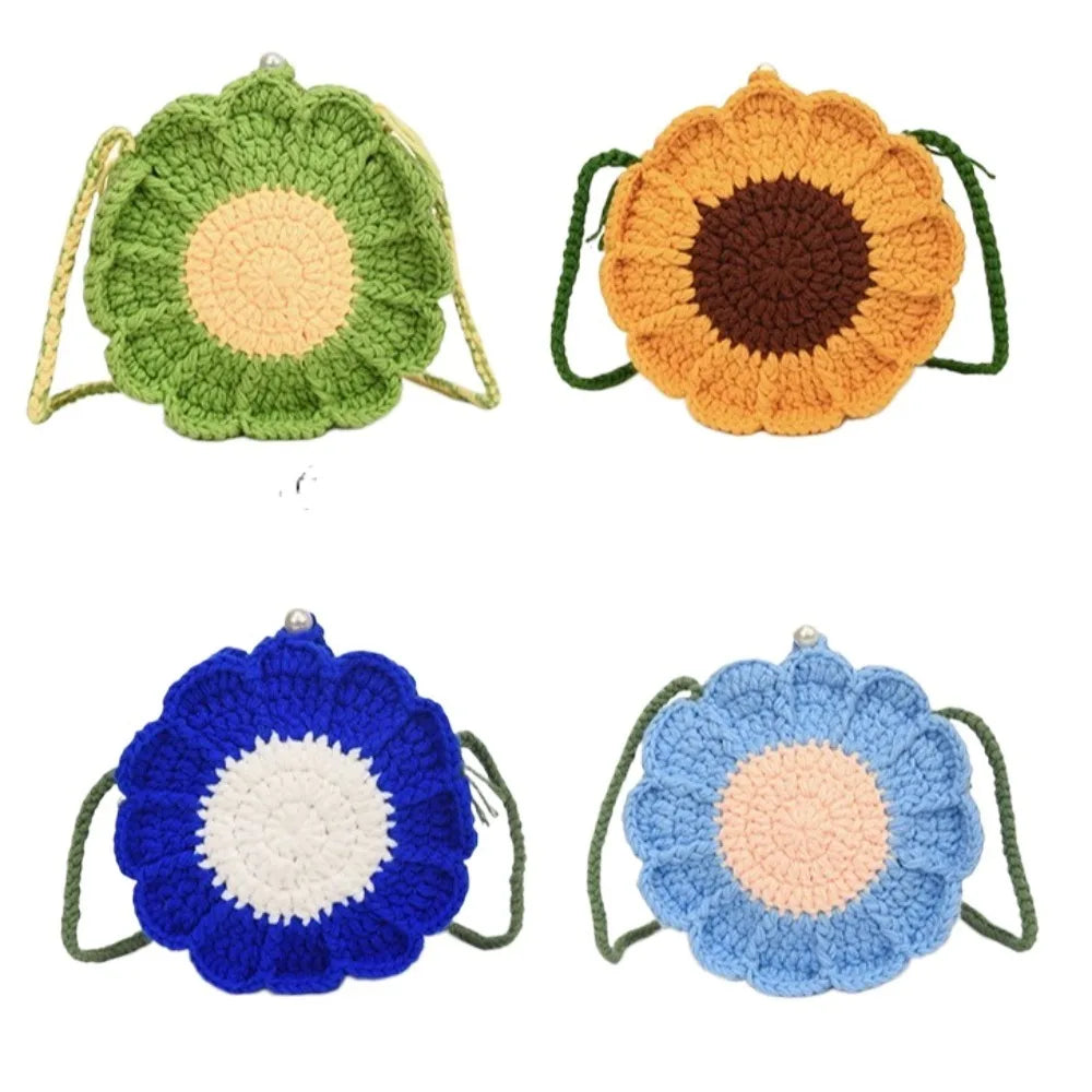 Charming Casual Knitted Sunflower Weave Crossbody Bag for Toddlers - Perfect Crochet Flower Shoulder Bag!
