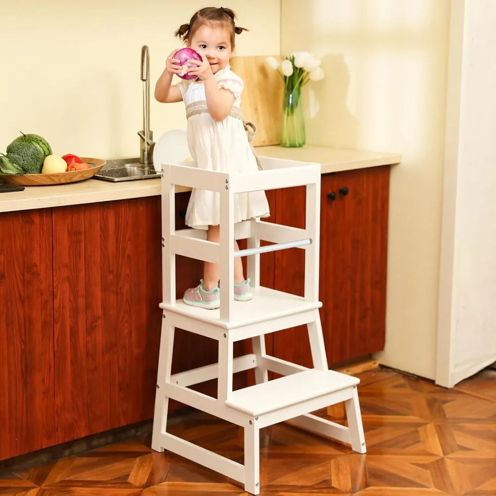 Adjustable Wooden Toddler Kitchen Helper Tower with Safety Rails