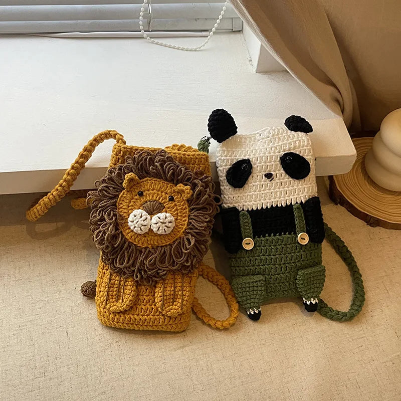 Unique Crochet Shoulder Bag Lion Knitted Handbag Versatile Panda Crossbody Bag for Toddler's