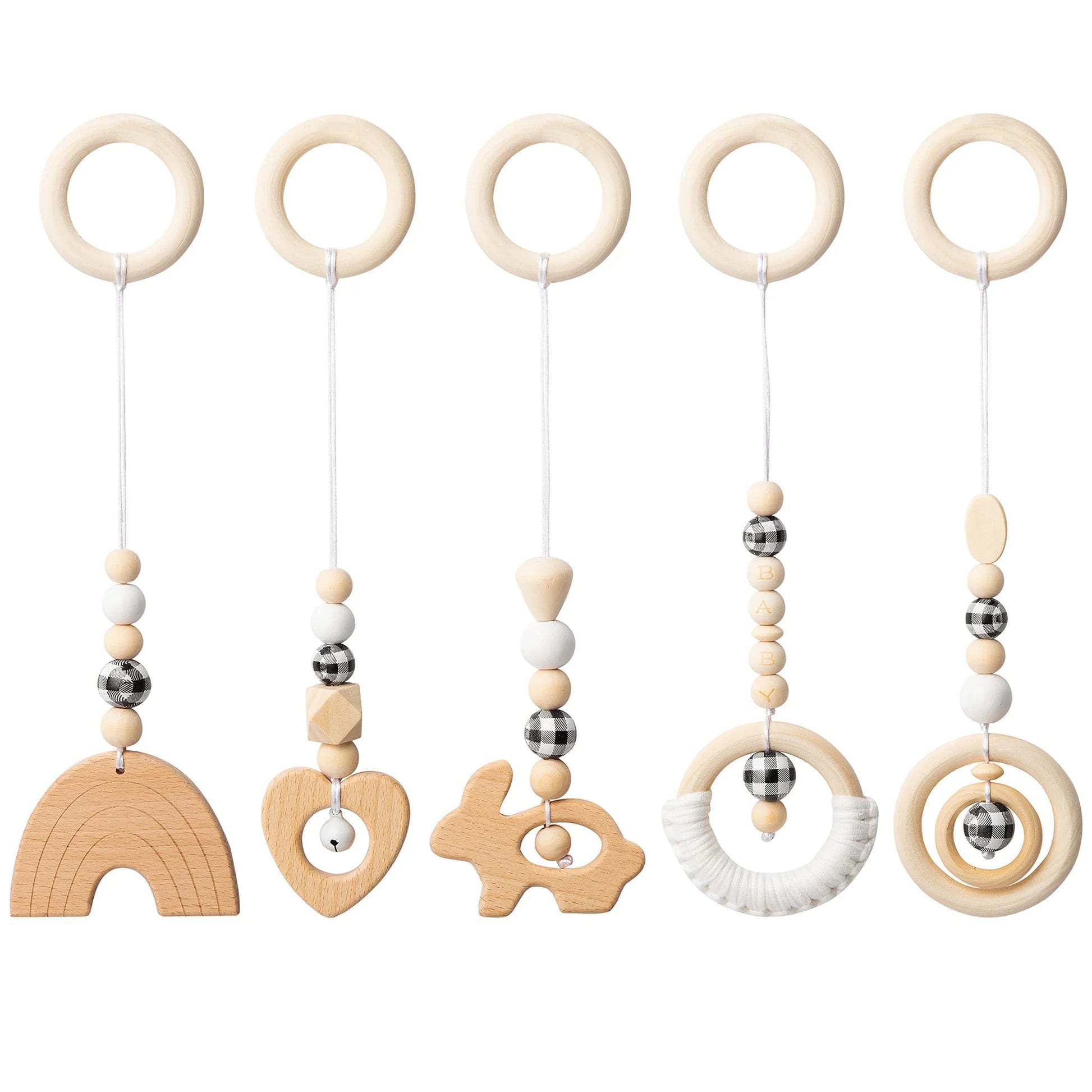 natural Wooden Baby Gym - 5 Sensory Handing Toys for Newborns & Infants