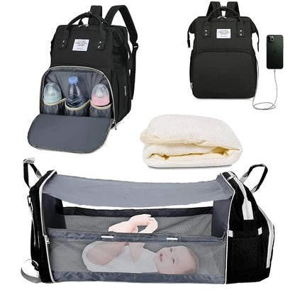 Ultimate 3-in-1 Diaper Bag Backpack: Foldable Baby Bed, Waterproof Travel Companion with USB Charging