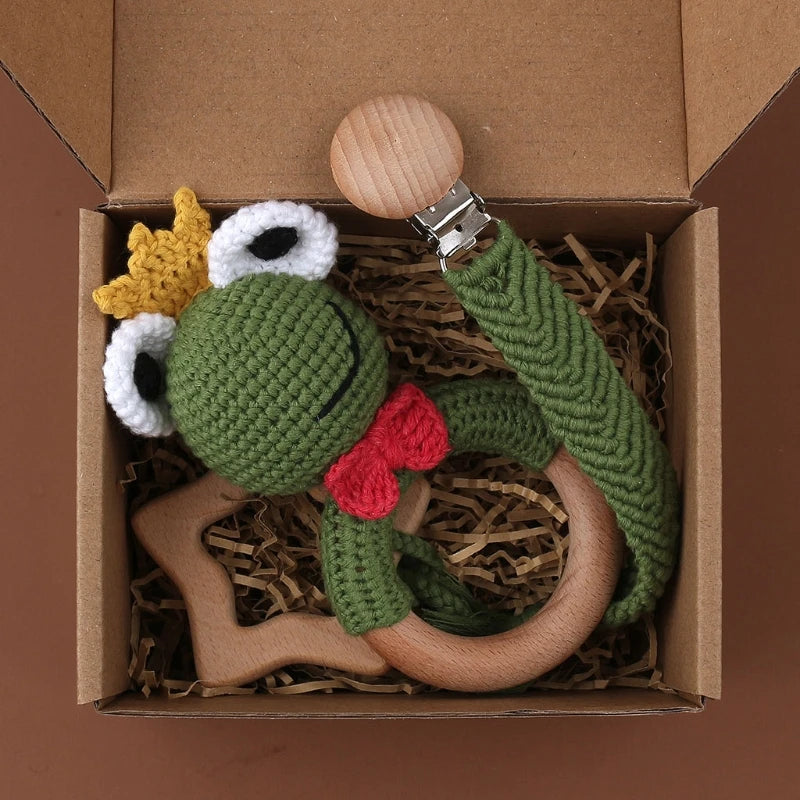Handmade Crochet Bunny Teether Set- 3PCS Soft & Safe/Natural Beech Wood Baby Rattles