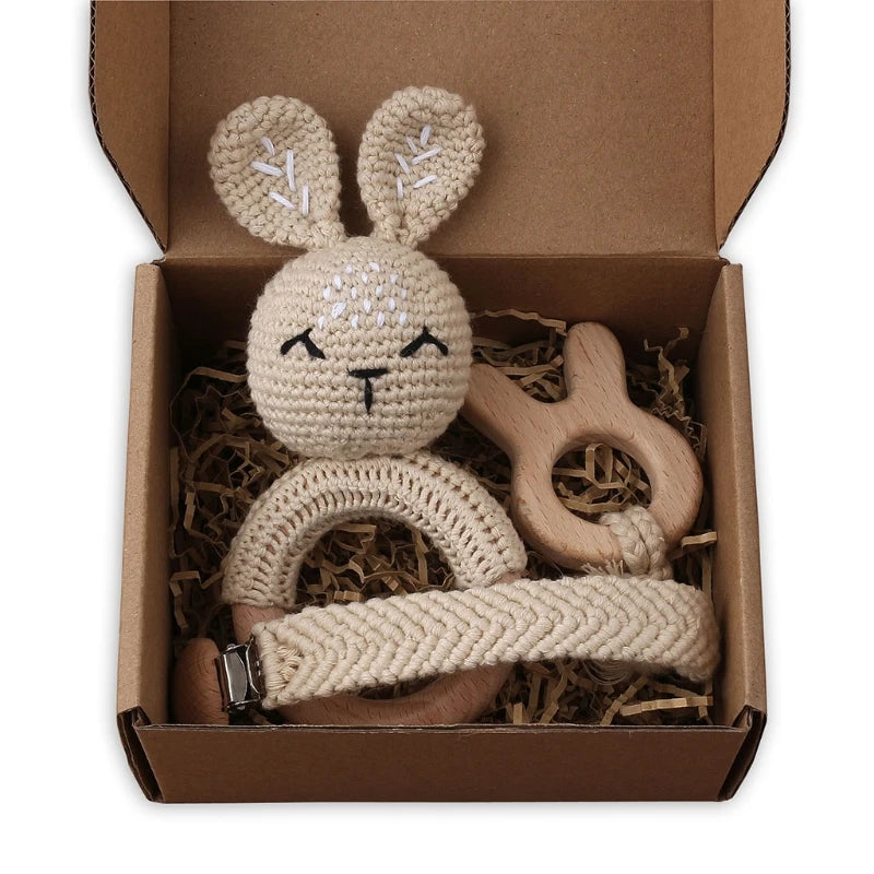 Handmade Crochet Bunny Teether Set- 3PCS Soft & Safe/Natural Beech Wood Baby Rattles