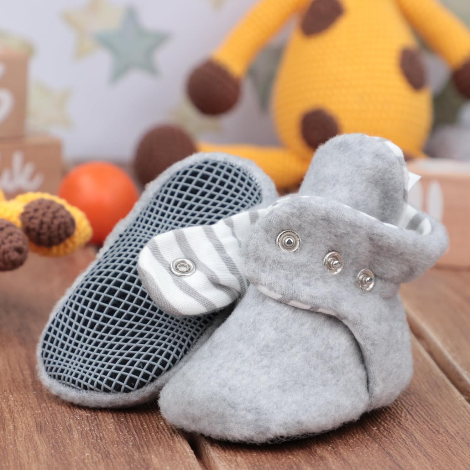 Premium Organic Fleece Baby Booties - Snap Closure, Non - Slip, Adjustable Fit (0 - 36 M).