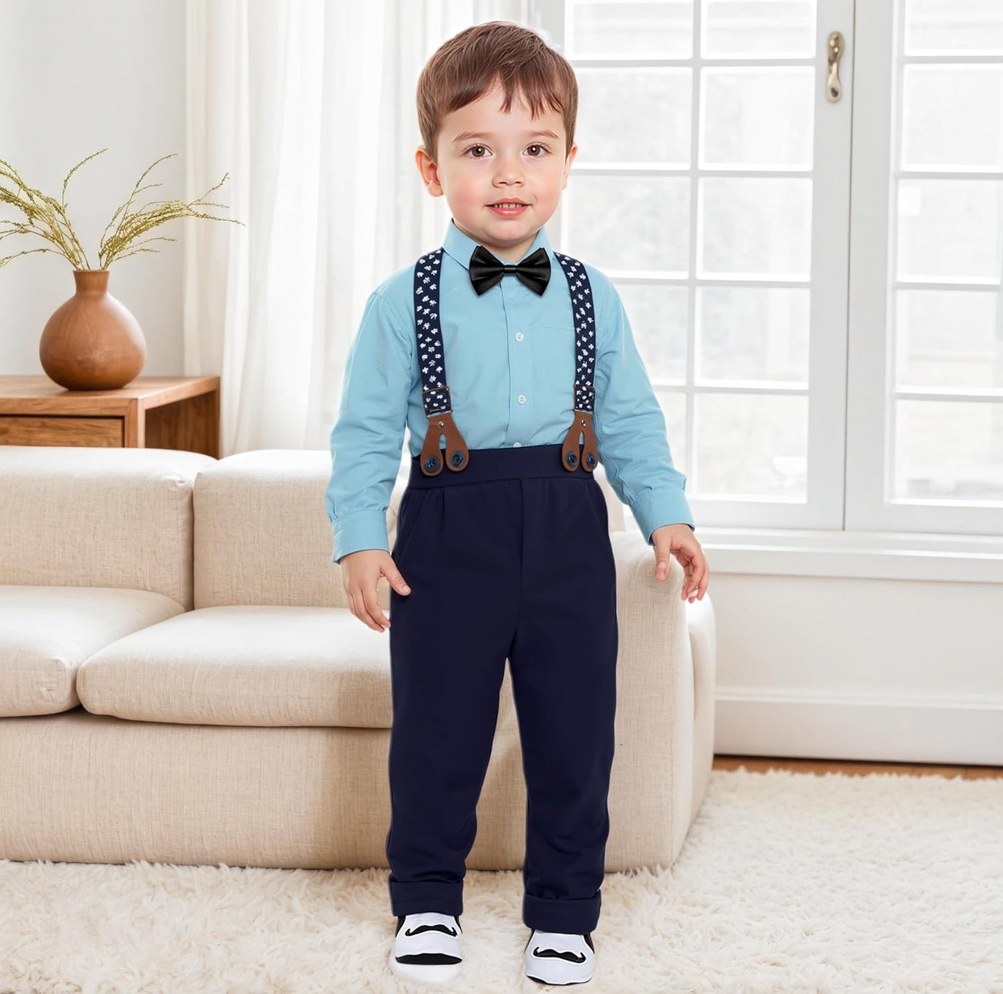 Stylish 4 - Piece Toddler Boy Suit - Cotton Vest, Shirt, Pants & Bow Tie. Elegant Outfit for Weddings, Birthdays & Special Events (3M-4M)