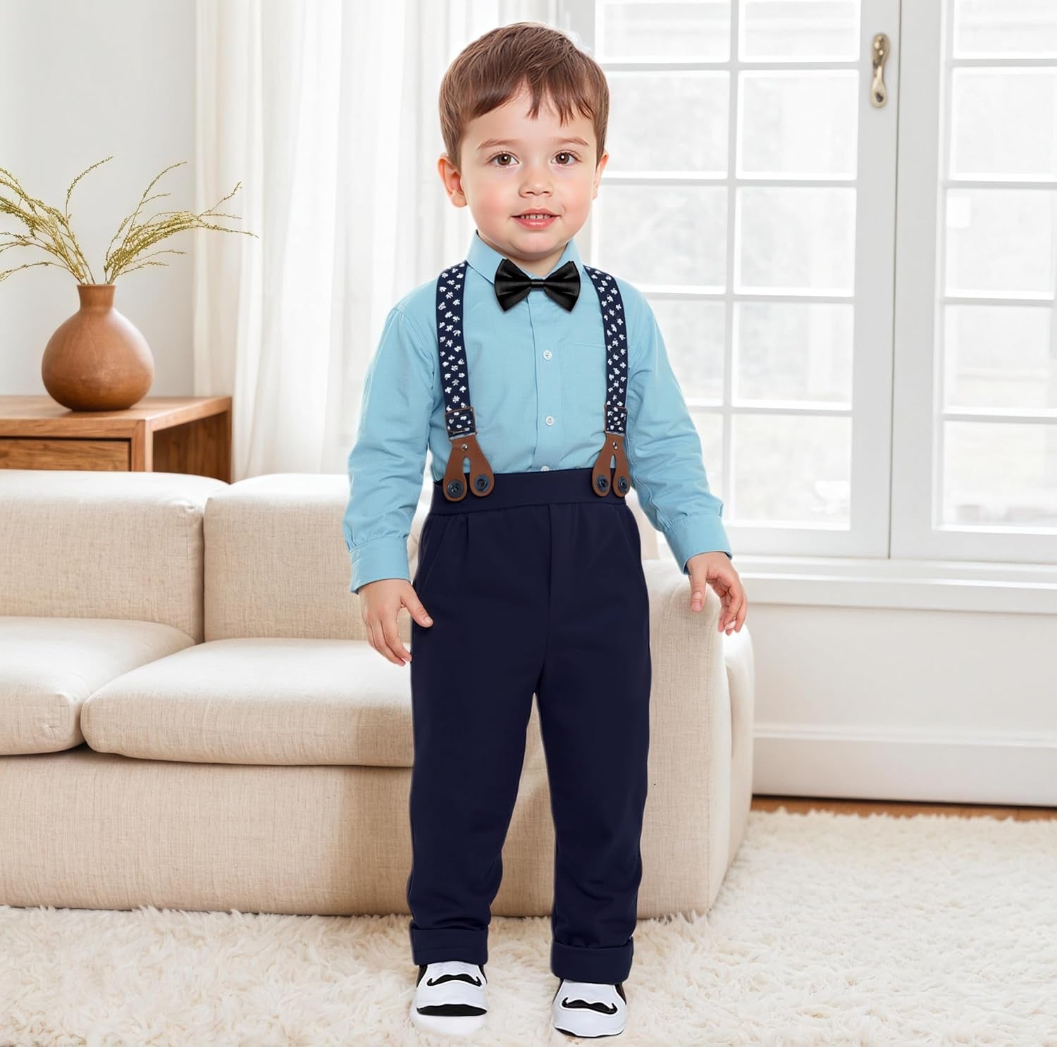 Stylish 4 - Piece Toddler Boy Suit - Cotton Vest, Shirt, Pants & Bow Tie. Elegant Outfit for Weddings, Birthdays & Special Events (3M-4M)