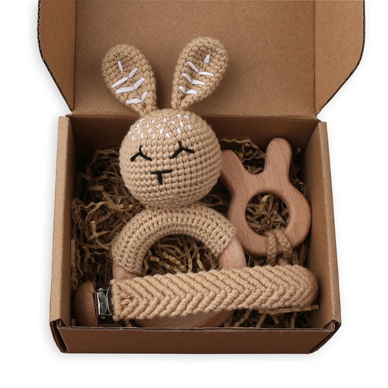 Handmade Crochet Bunny Teether Set- 3PCS Soft & Safe/Natural Beech Wood Baby Rattles