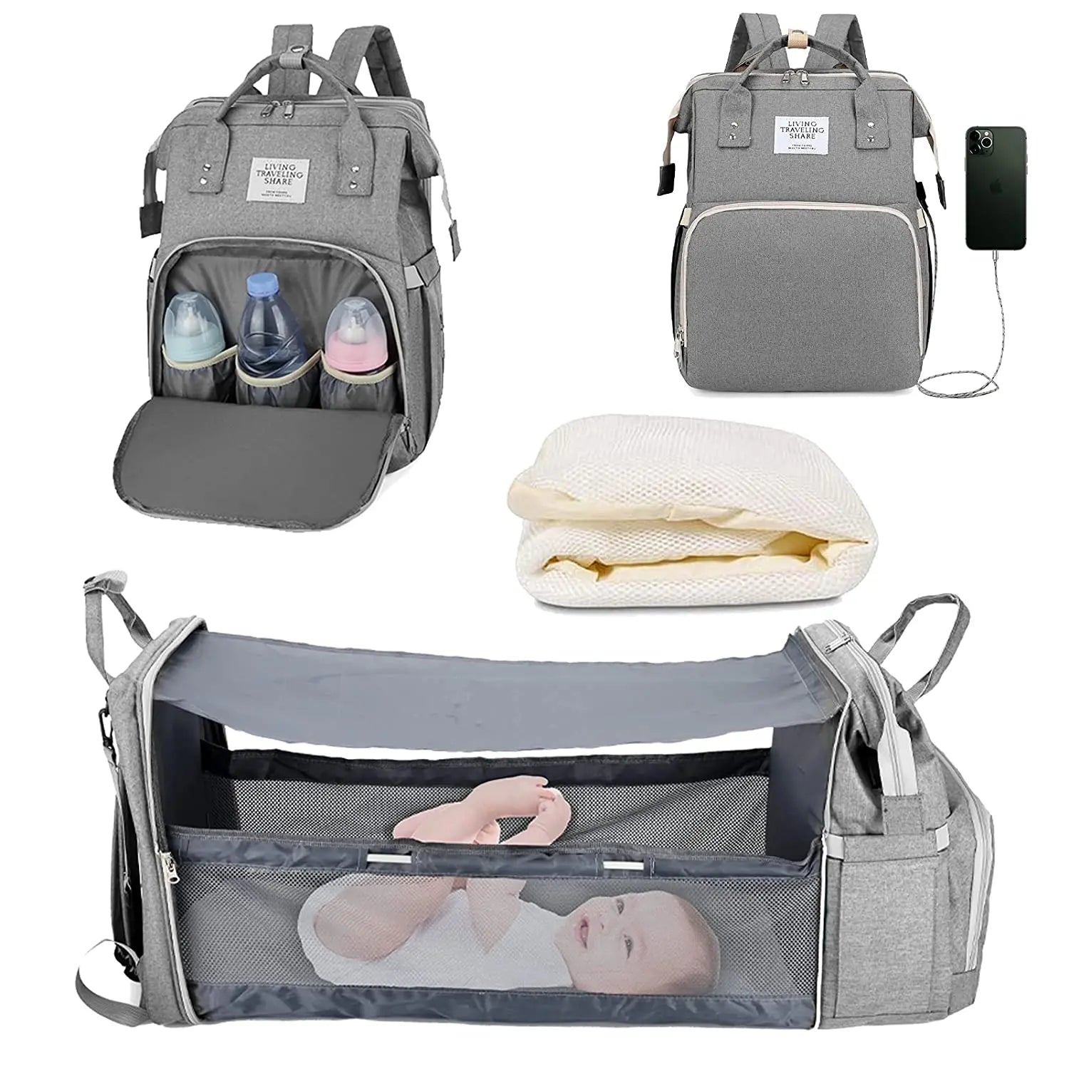 Ultimate 3-in-1 Diaper Bag Backpack: Foldable Baby Bed, Waterproof Travel Companion with USB Charging