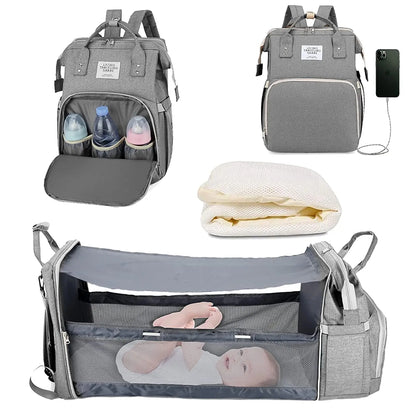 Ultimate 3-in-1 Diaper Bag Backpack: Foldable Baby Bed, Waterproof Travel Companion with USB Charging