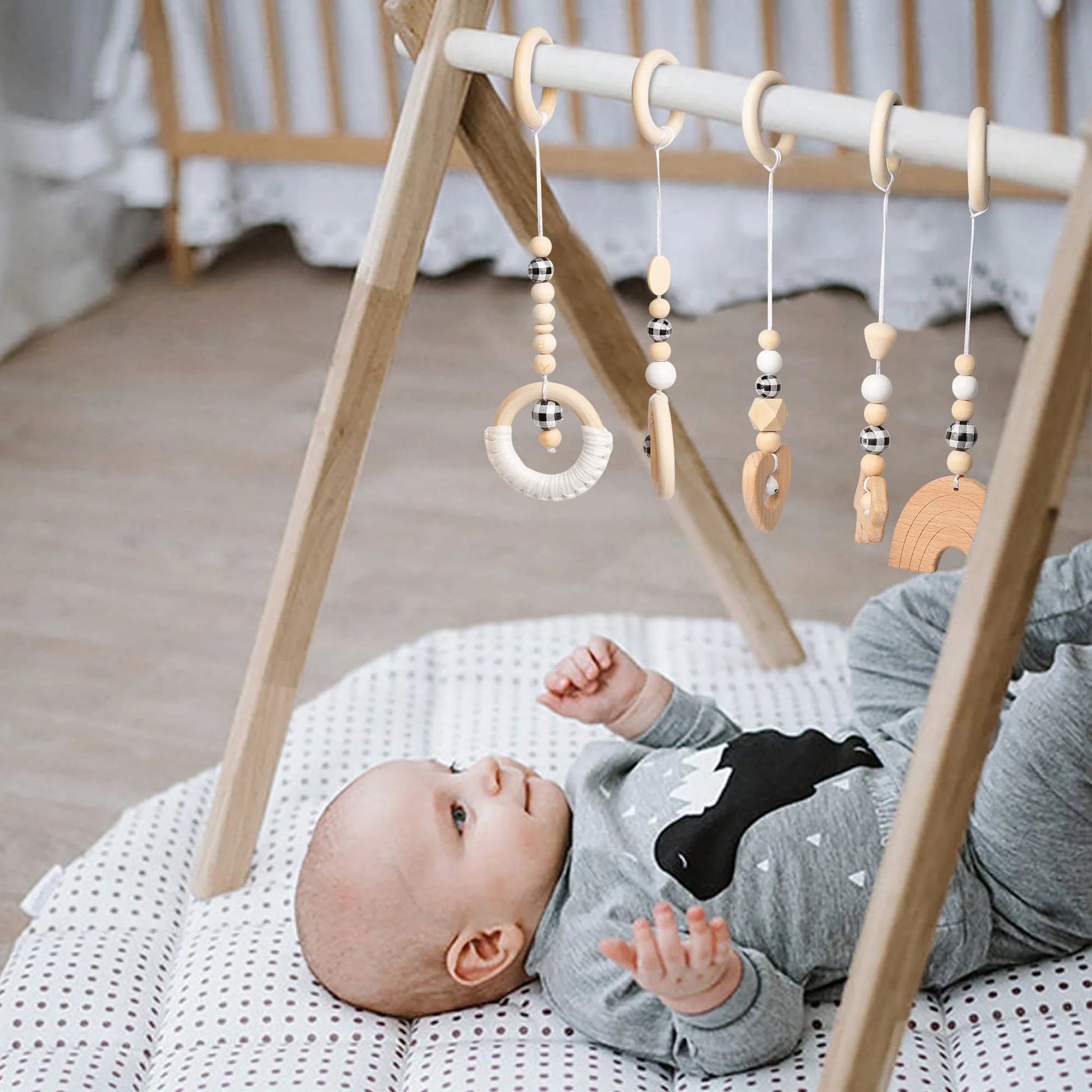 natural Wooden Baby Gym - 5 Sensory Handing Toys for Newborns & Infants