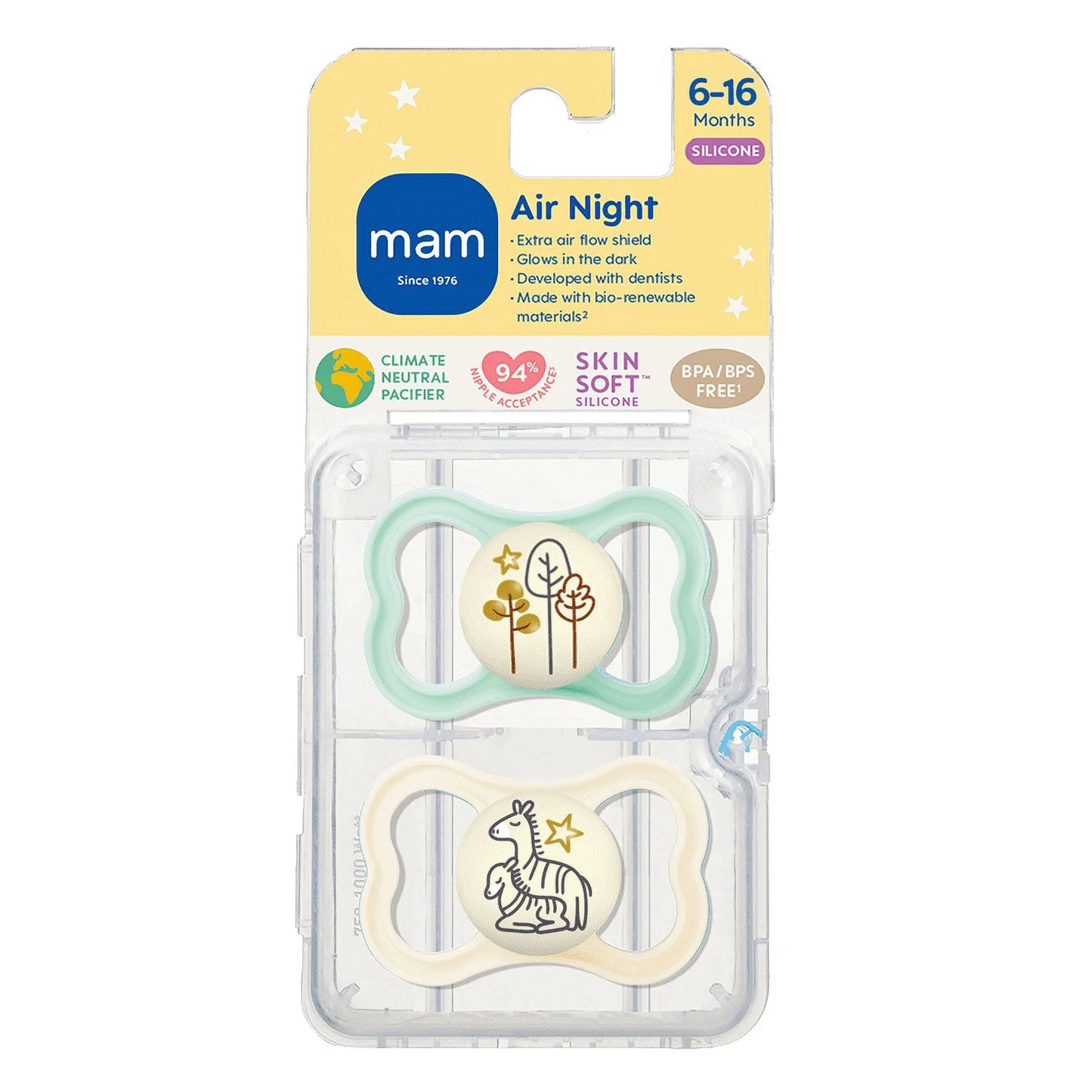 MAM Air Night Pacifier for 6+ Months - Unisex, 2 Pack for Peaceful Sleep