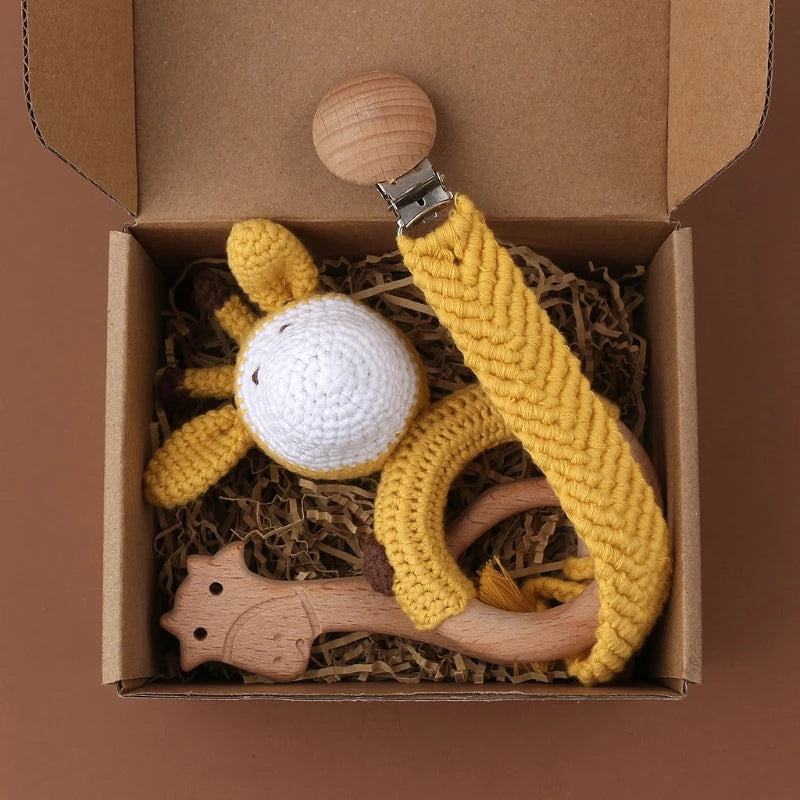 Handmade Crochet Bunny Teether Set- 3PCS Soft & Safe/Natural Beech Wood Baby Rattles
