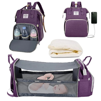 Ultimate 3-in-1 Diaper Bag Backpack: Foldable Baby Bed, Waterproof Travel Companion with USB Charging