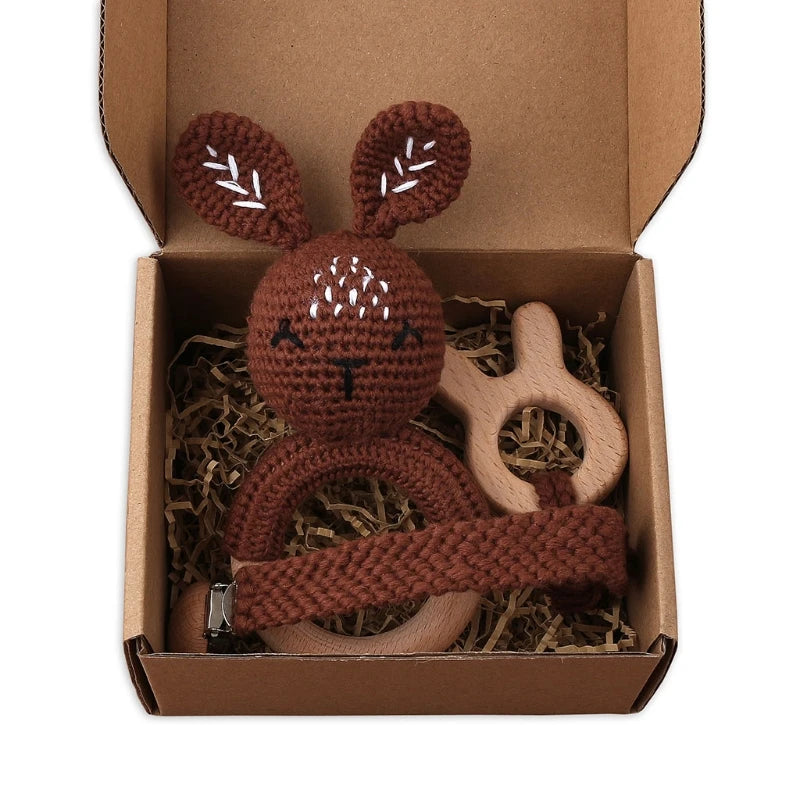 Handmade Crochet Bunny Teether Set- 3PCS Soft & Safe/Natural Beech Wood Baby Rattles