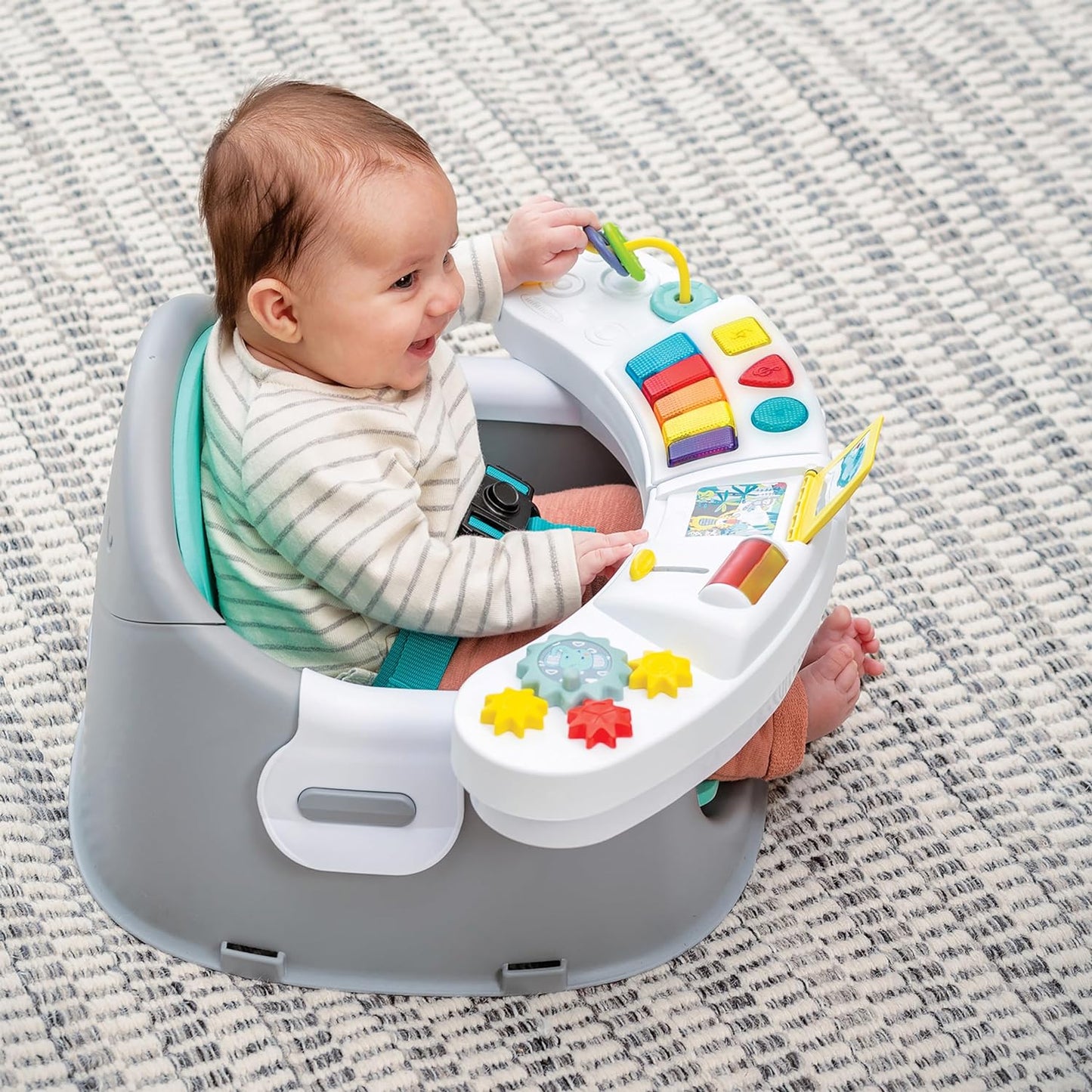 Music & Lights 3-In-1 Discovery Seat & Booster, Toddler Booster Seat for Dining Table or Kitchen Chair, Baby Activity Center & Snack Tray, Teal
