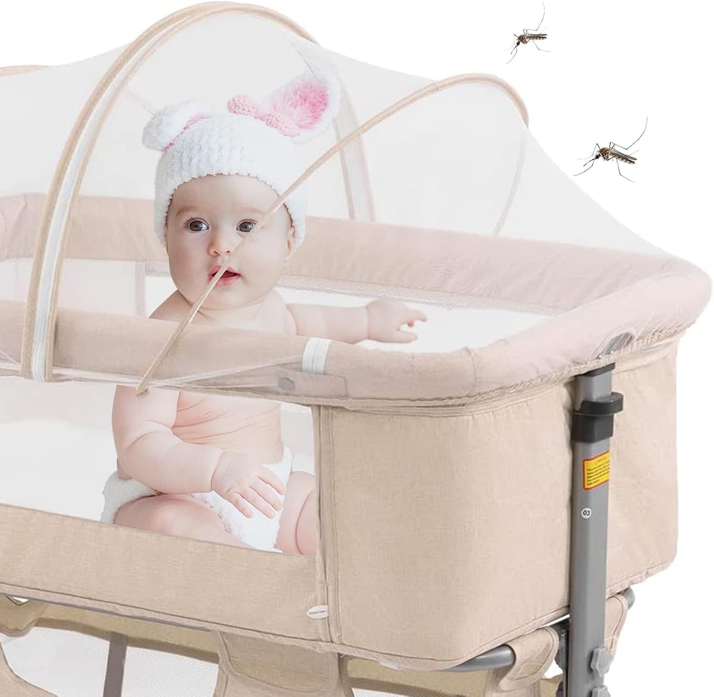 Discover the Ultimate 3-in-1 Bedside Crib for Newborns - Portable, Adjustable, and Stylish in Deep Khaki with Mosquito Net