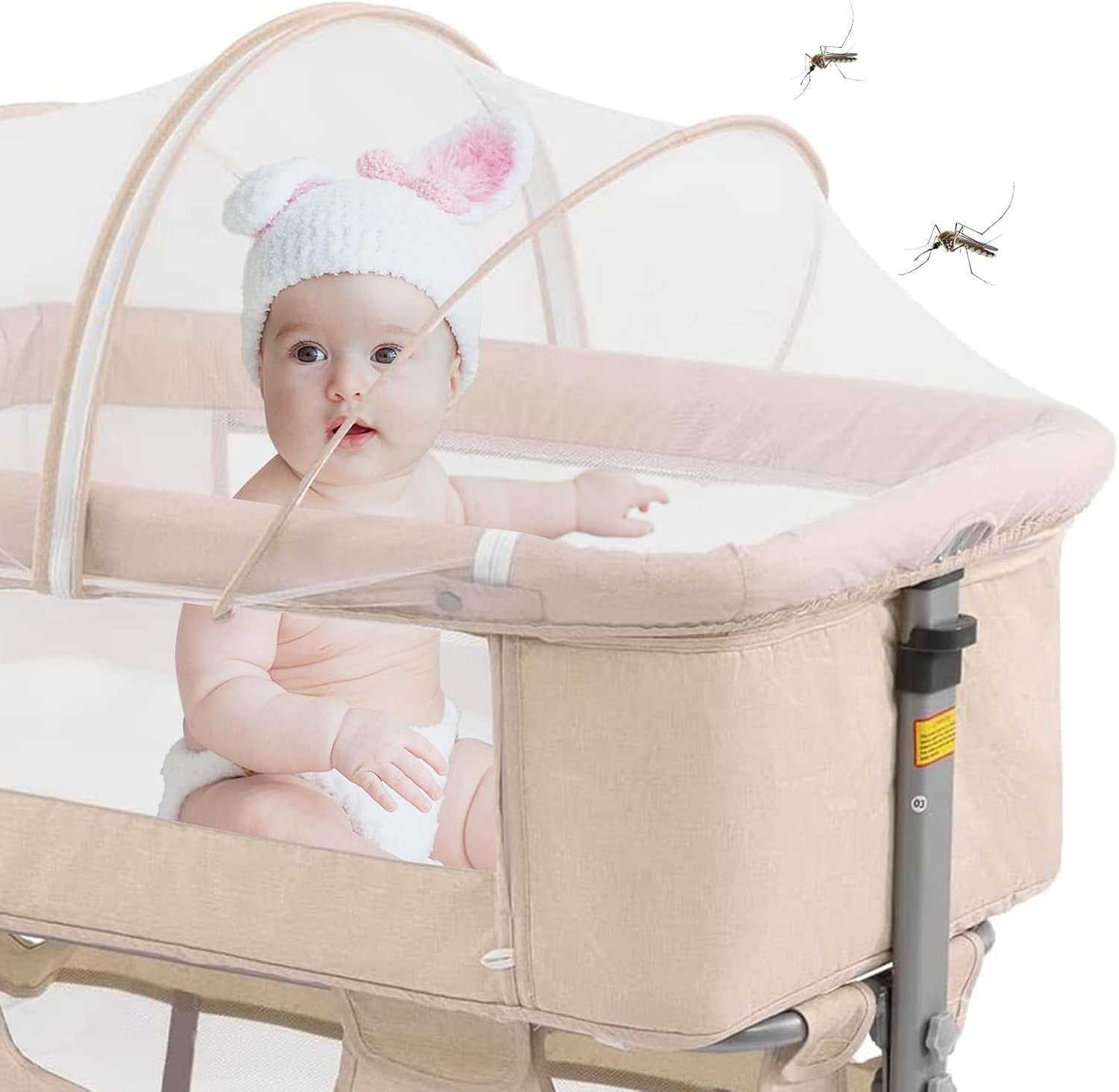 Discover the Ultimate 3-in-1 Bedside Crib for Newborns - Portable, Adjustable, and Stylish in Deep Khaki with Mosquito Net