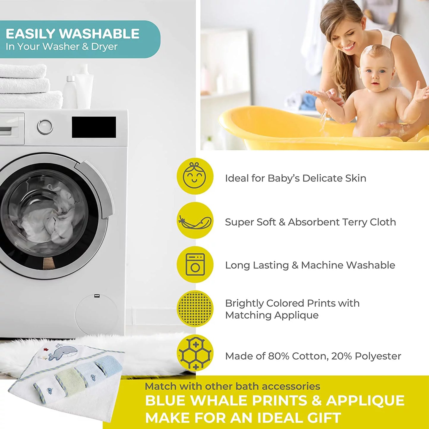 Luxurious Baby Cotton Terry Hooded Towel & Washcloth Set - 5 Piece Bath Essentials in Adorable Blue Whale Design for Newborns and Infants