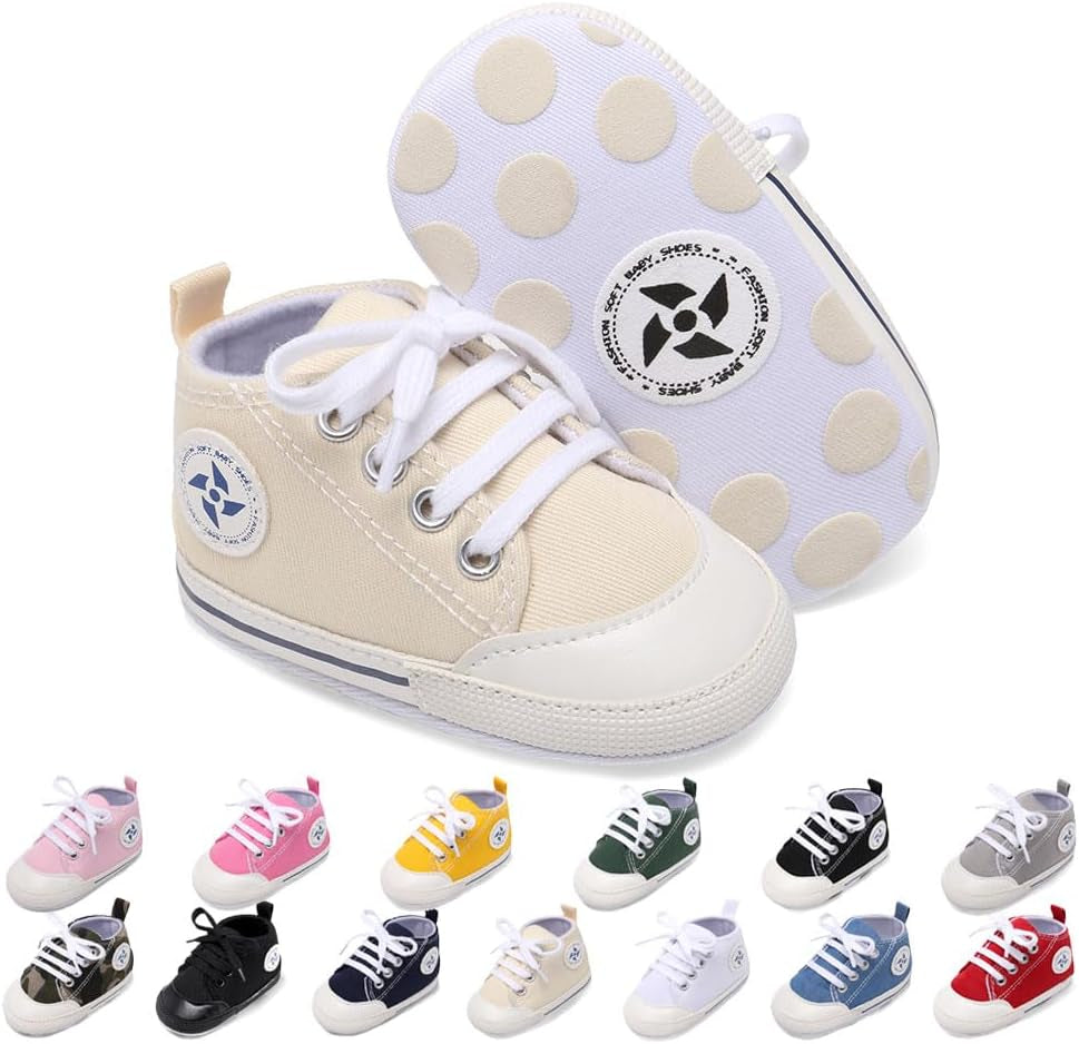 Adorable Baby Boys & Girls Star High Top Sneakers - Soft, Anti-Slip Sole for Newborns & Infants - Stylish Canvas Denim First Walkers (11Cm, A-Beige, 0 Months)