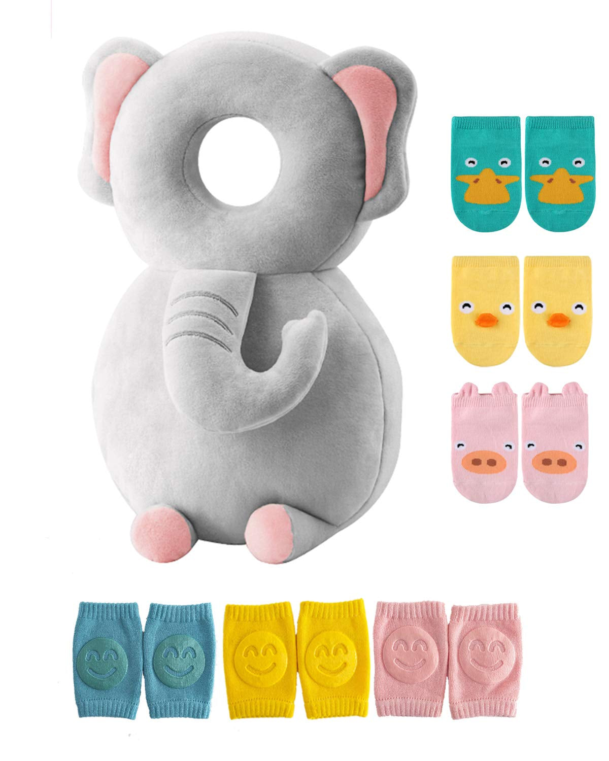 Toddler Baby Head Protector Backpack for Toddler Walker with Knee Pads&Anti-Slip Socks, Elephant