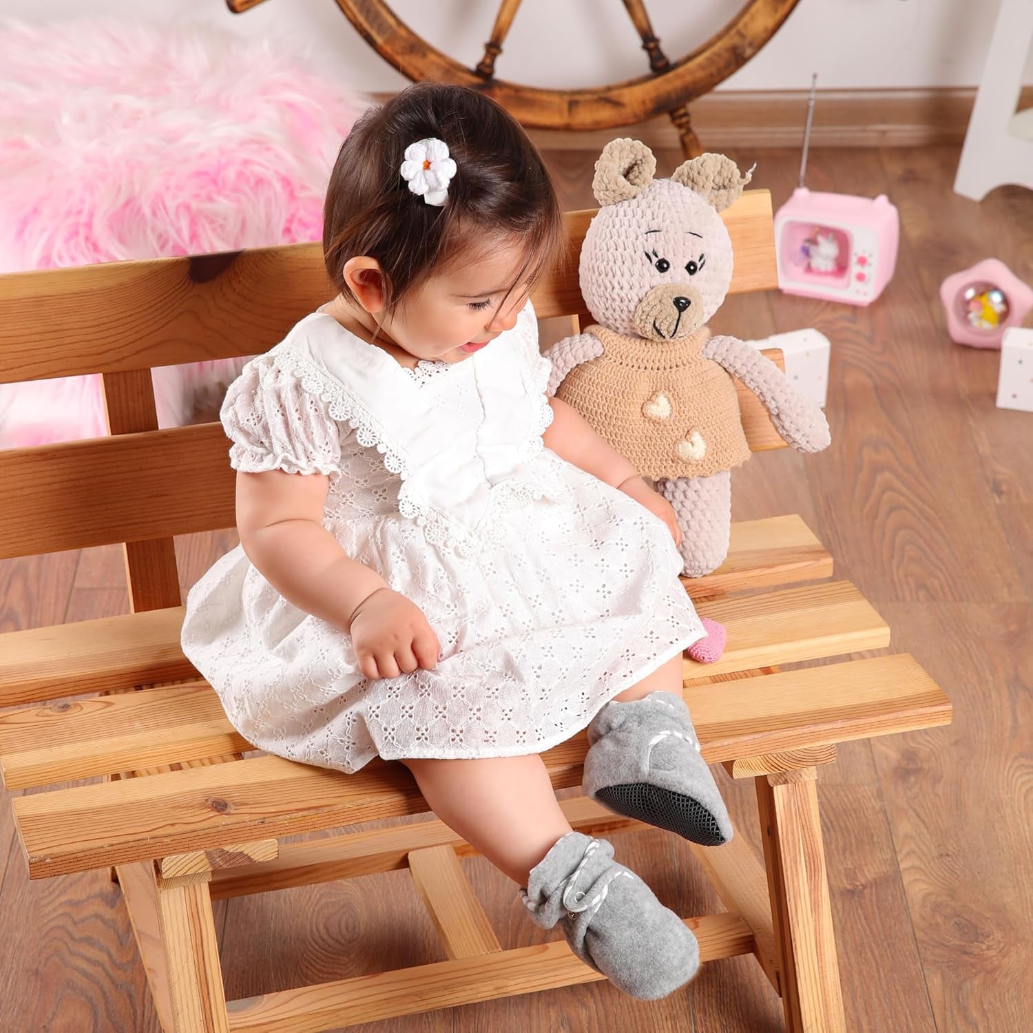 Premium Organic Fleece Baby Booties - Snap Closure, Non - Slip, Adjustable Fit (0 - 36 M).