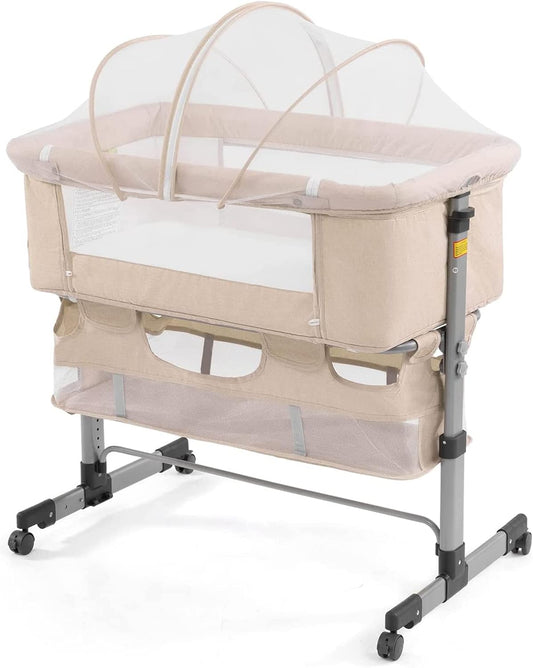 Discover the Ultimate 3-in-1 Bedside Crib for Newborns - Portable, Adjustable, and Stylish in Deep Khaki with Mosquito Net