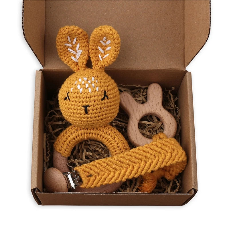 Handmade Crochet Bunny Teether Set- 3PCS Soft & Safe/Natural Beech Wood Baby Rattles
